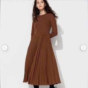 NWT Uniqlo combination Dress Long Sleeve Top with Pleated Detail in Brown